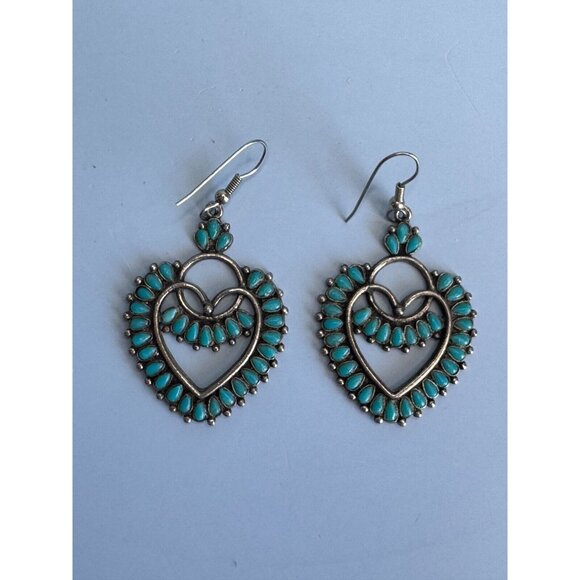 Vintage Southwestern Silver Tone Block Turquoise Earrings by Sancrest Jewelry - Picture 4 of 10